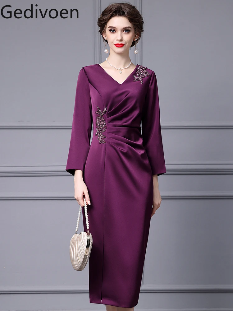 

Gedivoen Fashion Designer Spring Women's Dresses STAND Embroidery Embroidered Flares Office Lady Elegant Hip Wrap Dress
