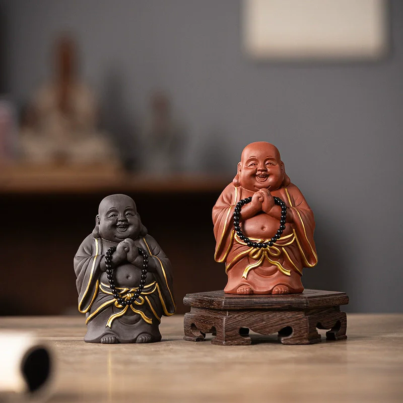 Happy Laughing Buddha Zisha Clay Tea Pet, Chinese Miler Fortune God Ornament for Tea Tray, Growable Desktop Decor for Good Luck view 4