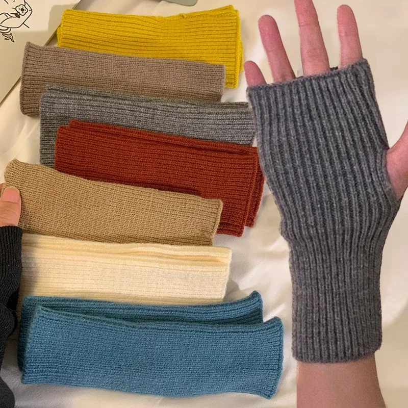 Gants unisexes en laine à demi-doigts pour femmes, gants de bras doux et chauds, mitaines simples sans doigts, hiver