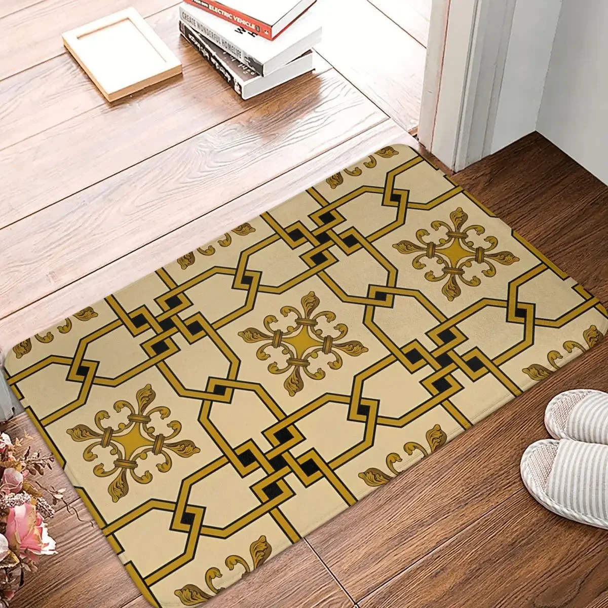 Fleur De Lys Anti-Slip Rug Doormat Bath Mat Renaissance Beige Interlock Cross Fleur De Lys Hallway Carpet Welcome Decor