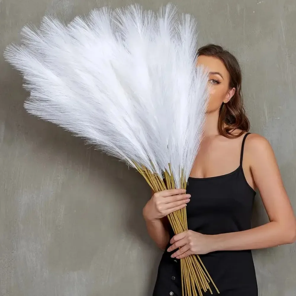 10PCS/Bag 55CM Majestic White Faux Pampas Grass Plush Pompass Branches for Floor Vase Filler Wedding Home and Boho Decoration