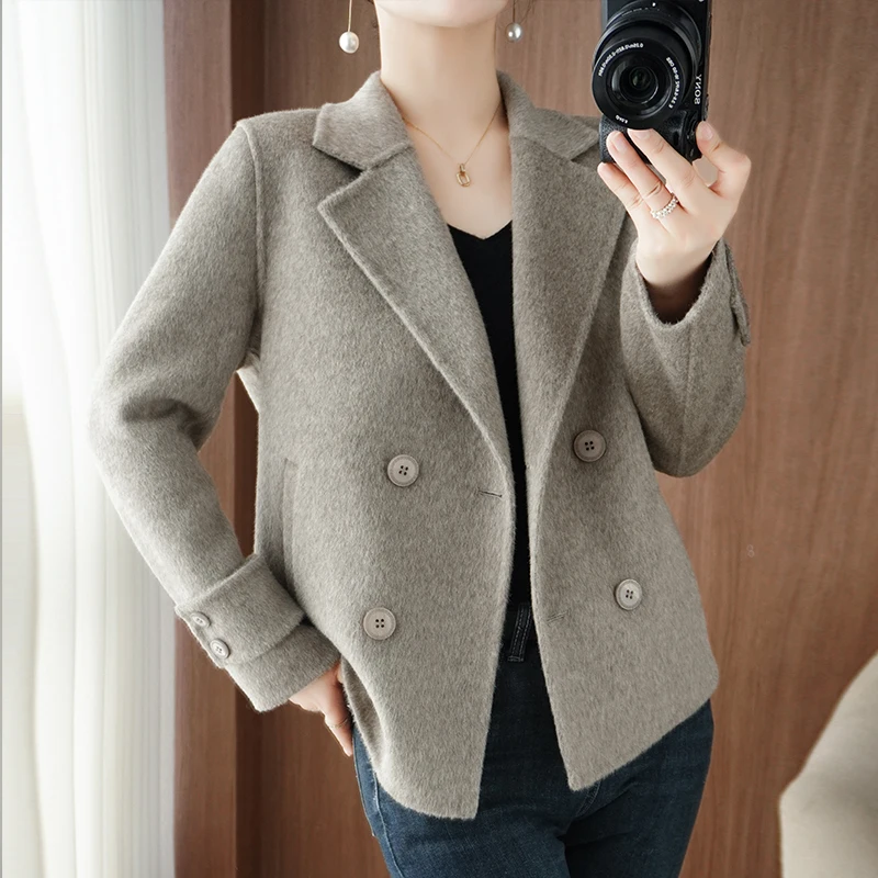 Casaco de lã de alta qualidade feminino duplo breasted primavera outono inverno 100% jaqueta de lã feminino curto outerwear chique versátil topo