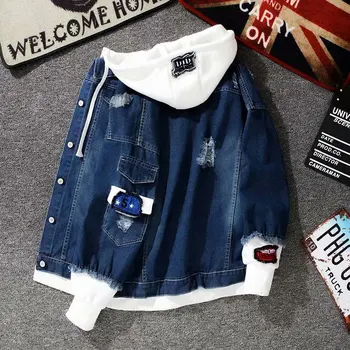 Autumn New Men's Fashionable Casual Street Hip-hop Denim Jacket Fake Two-piece Hooded Single Breasted Slim Fit Denim Jacket 2