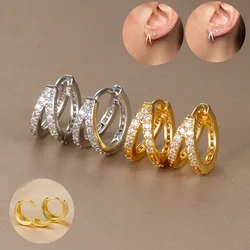 2PC Gold Color Round Zircon Hoop Earrings Tiny Stainless Steel Moon Huggie Cartilage Earrings Piercing Jewelry pendientes mujer