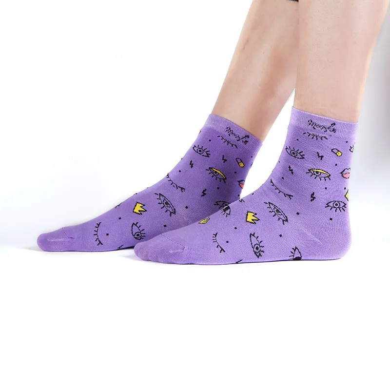 Calcetines de algodón divertidos Kawaii para mujer, calcetines deportivos originales simples con estampado de ojos del mundo, calcetines de tubo medio para mujer X129