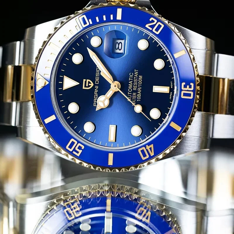 PD-1639 8215 PAGANI DESIGN Men Two-tone Diver Watch, Date Function Synthetic Sapphire Crystal Male Automatic Watch