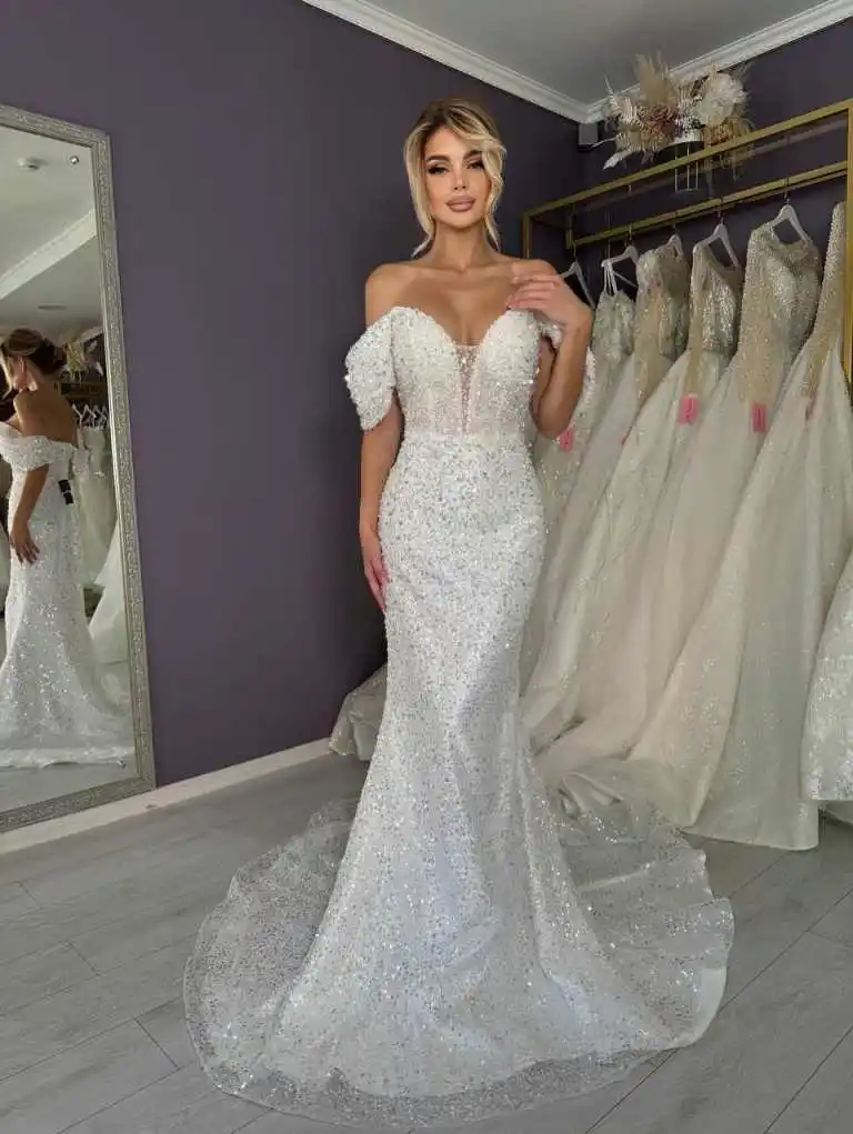 Suknia ślubna księżniczki syreny, cekiny, koronka, suknie ślubne, duży rozmiar, odkryte ramiona, odpinany tren, Vestidos De Novia, szyte na miarę