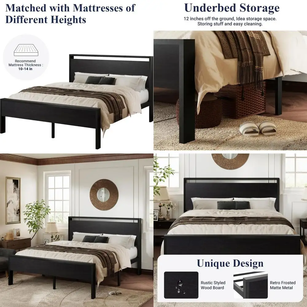 

Queen Size Platform Bed with Wooden Slat Support, No Box Spring, Storage Space, Quiet, Easy Assembly, Black Oak Finish