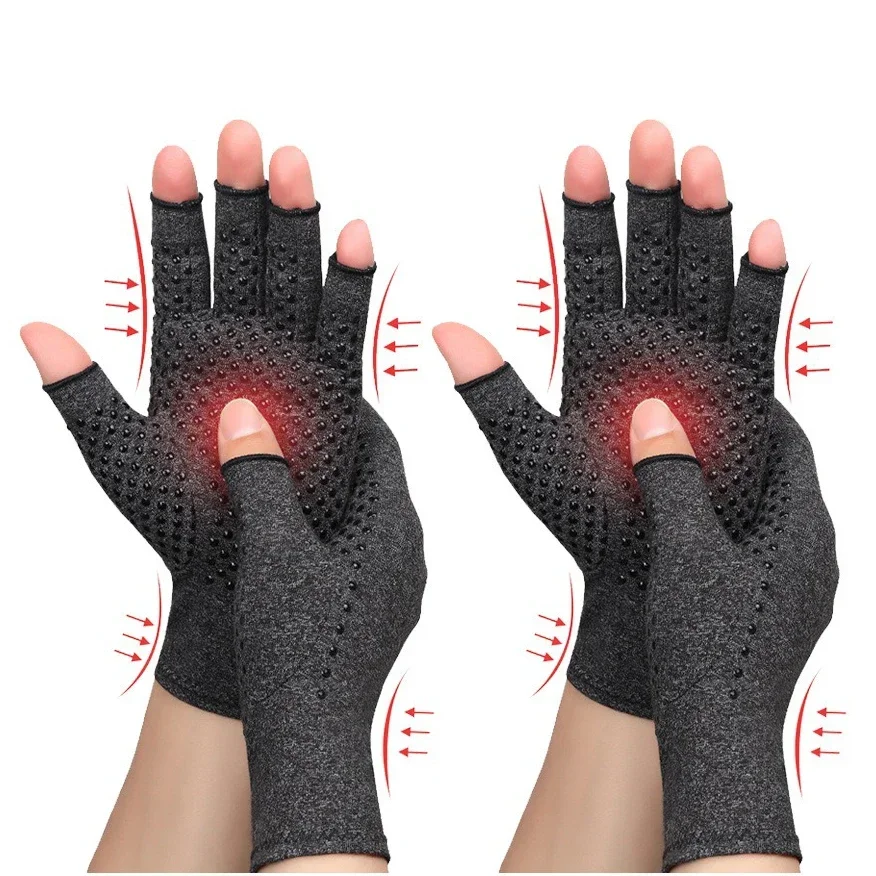 1/2Pairs Women Men Copper Fingerless Arthritis Compression Gloves for Relieving Carpal Tunnel Aches,Rheumatoid Pains, Black,Grey