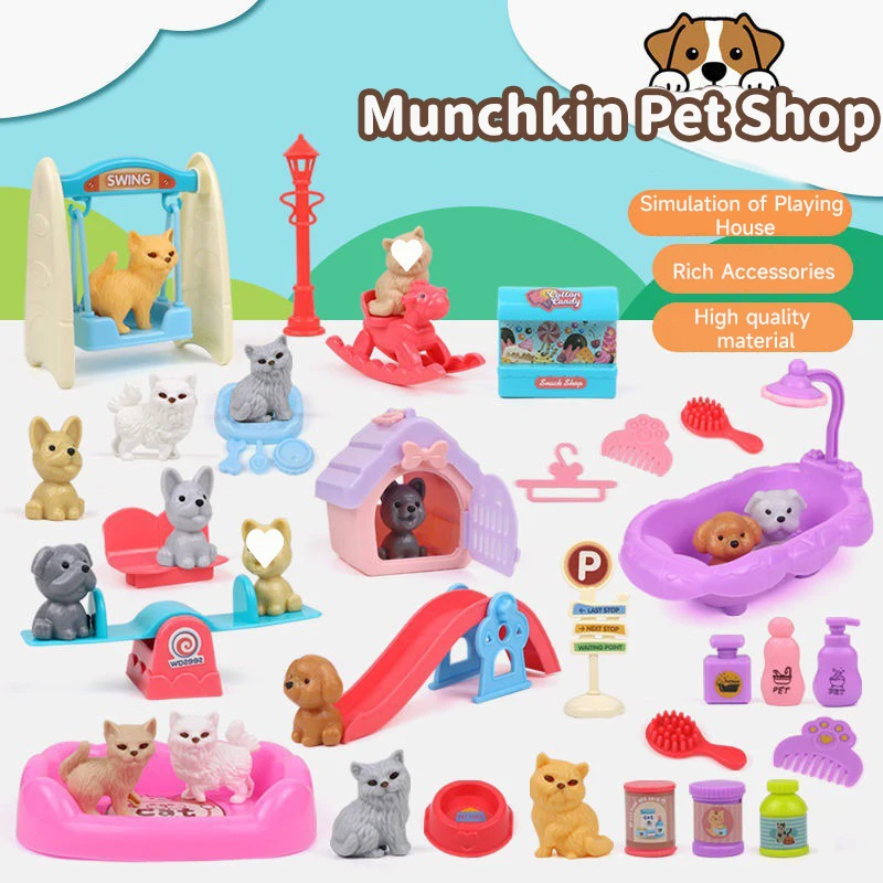 Pretend Play Toy Cute Dog Pet Family Toys Mini Fashion Cat Dog House Kennel Bathtub Play House Toy Dog Doll Set Dog Cage Toys