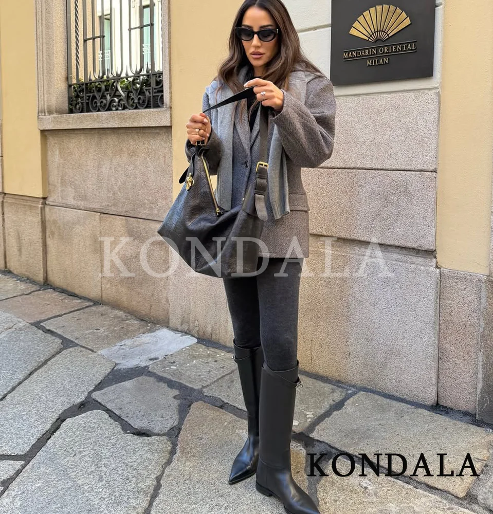 เสื้อเบลเซอร์ผสมผสานสำหรับฤดูใบไม้ร่วงและฤดูหนาว แบรนด์ KONDALA สีเทา กระดุมเดี่ยว สำหรับผู้หญิง แฟชั่นปี 2025 สไตล์หรูหรา เหมาะสำหรับใส่ทำงาน