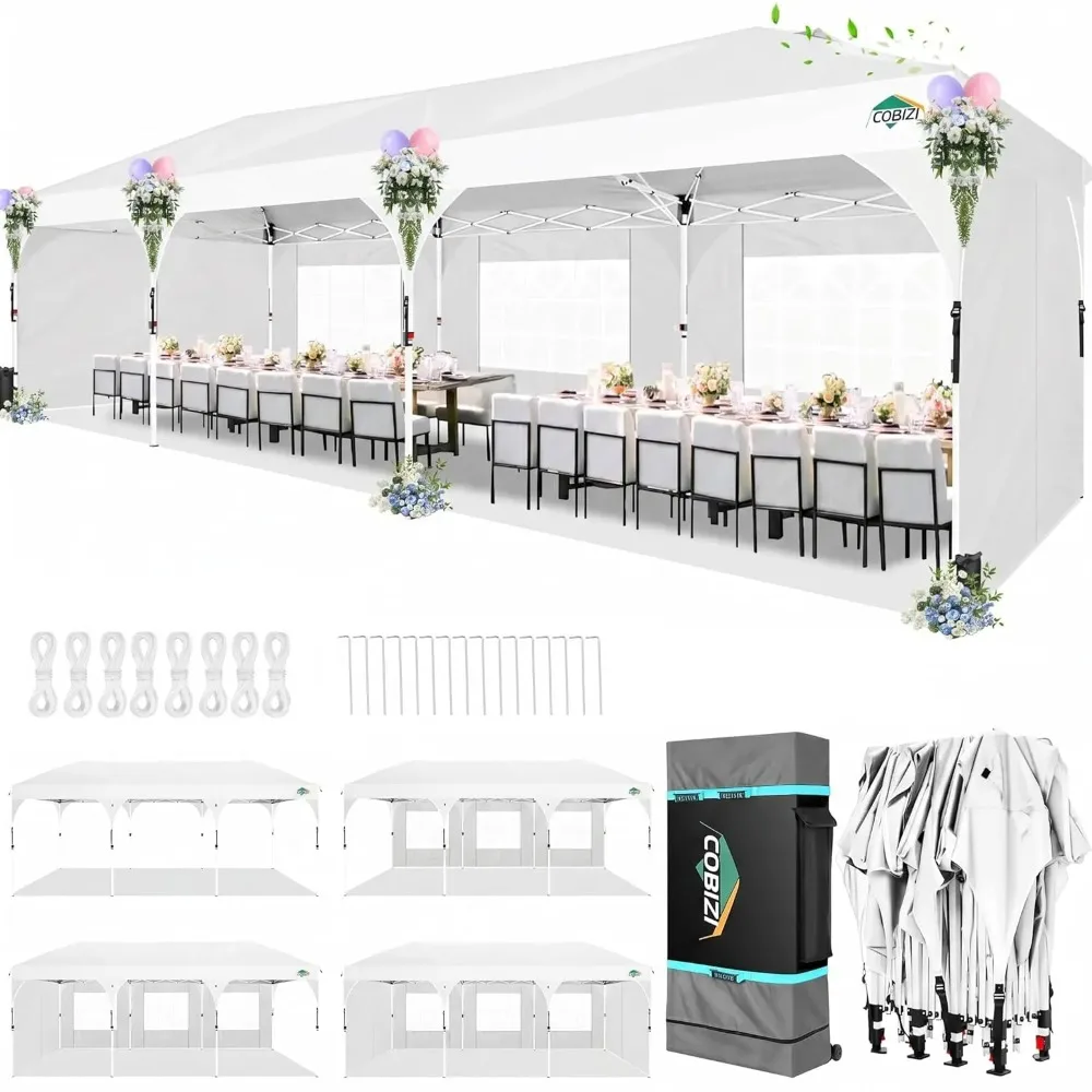 

10x30 Pop Up Canopy Tent with Patented Center-Lock, Easy Setup Party Tent with 5 Removable Sidewalls, Wheeled Bag,, Customized