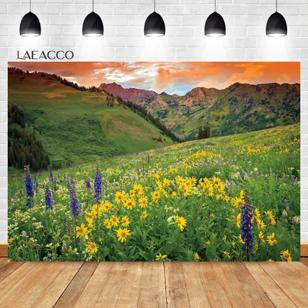 Laeacco Spring Rural Pasture Photography Backdrop Sunrise Field Meadow Wildflower Grass Cattle Kids Adults Portrait Background