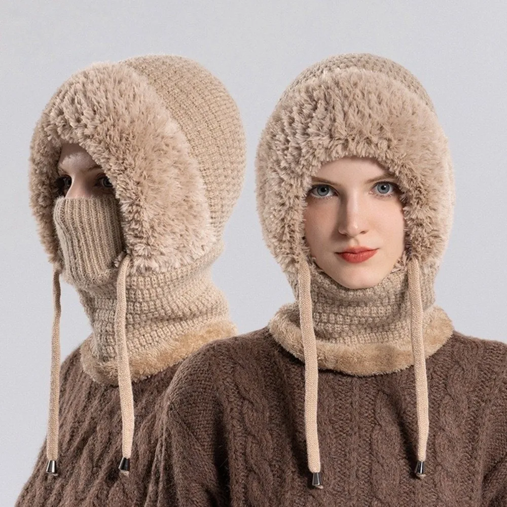 Simple Multi functional Balaclavas Hat With Ties Solid Color Knitted Beanies Hat Thickened Plush Mask Neck Cover Set Male