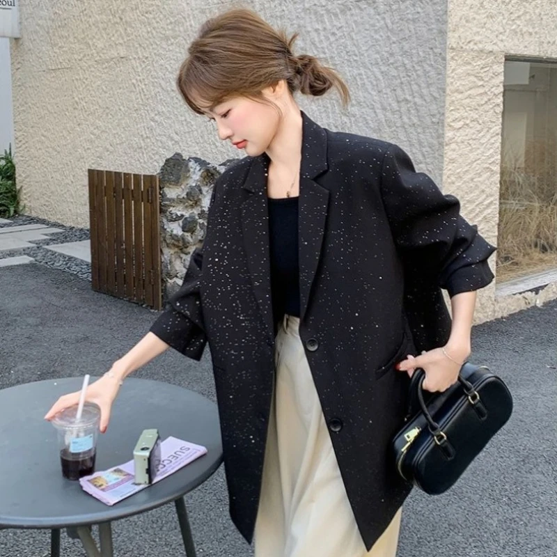 

Женский блестящий ретро шикарный черный легкий вес - весна/осень 2025 года, повседневный официальный размер небольшого размера