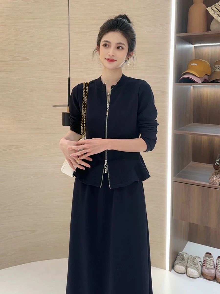 

Elegant plus Size Women's Suiting Set Casual Slimming Two-Piece Outfit Commute Friendly Long Sleeve Top And High Waist Skirt