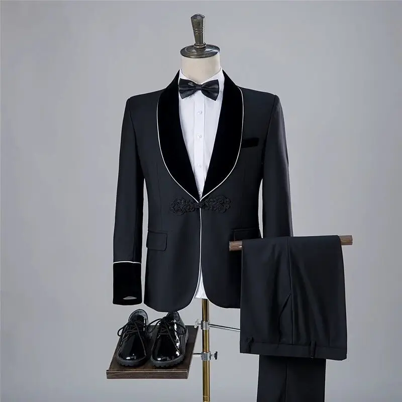 

Shawl Lapel Single Breasted 2 Piece Jacket Pants Outfits Elegant Male Clothing Flat Front Wedding Men's Suits Blazer Costume