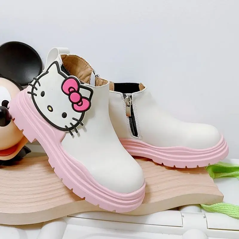 Anime Sanrios My Melody Kuromi Kawaii Cartoon Girl Leather Boots Autumn Winter Chelsea Mid-Calf Pink Princess Shoes Martin Boots