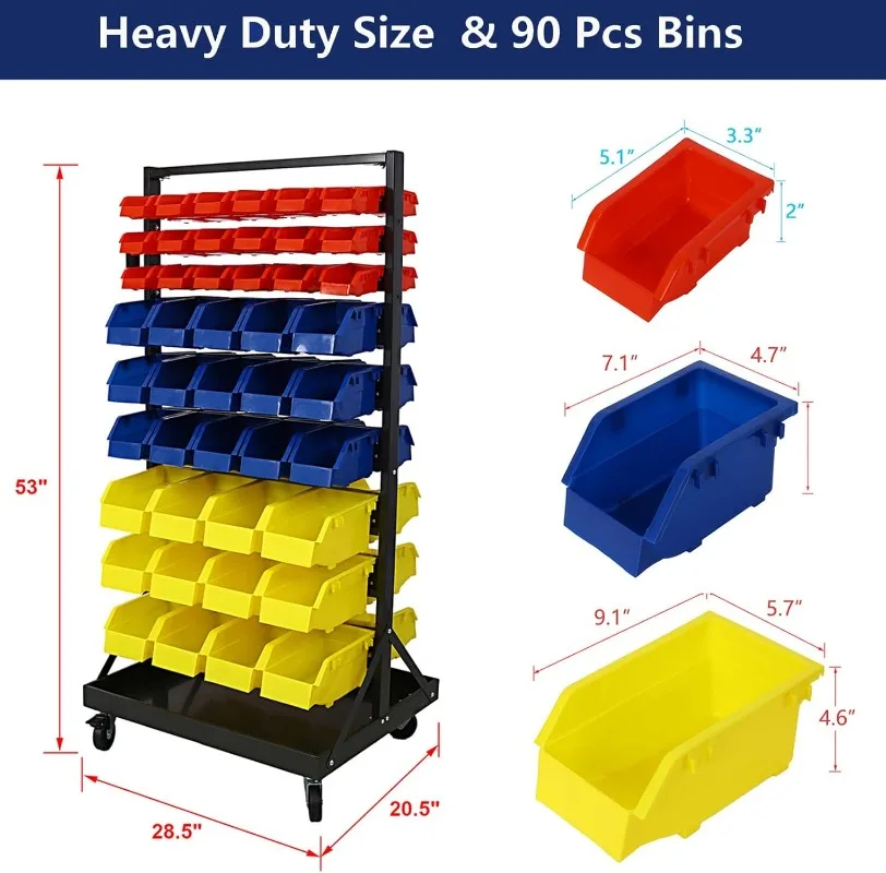 90 Parts Bin Rack Garage Storage Unit System Steel Shelf 9 Tiers, Mobile Organizer Portable Wheels Plastic Bins Garage Shelving