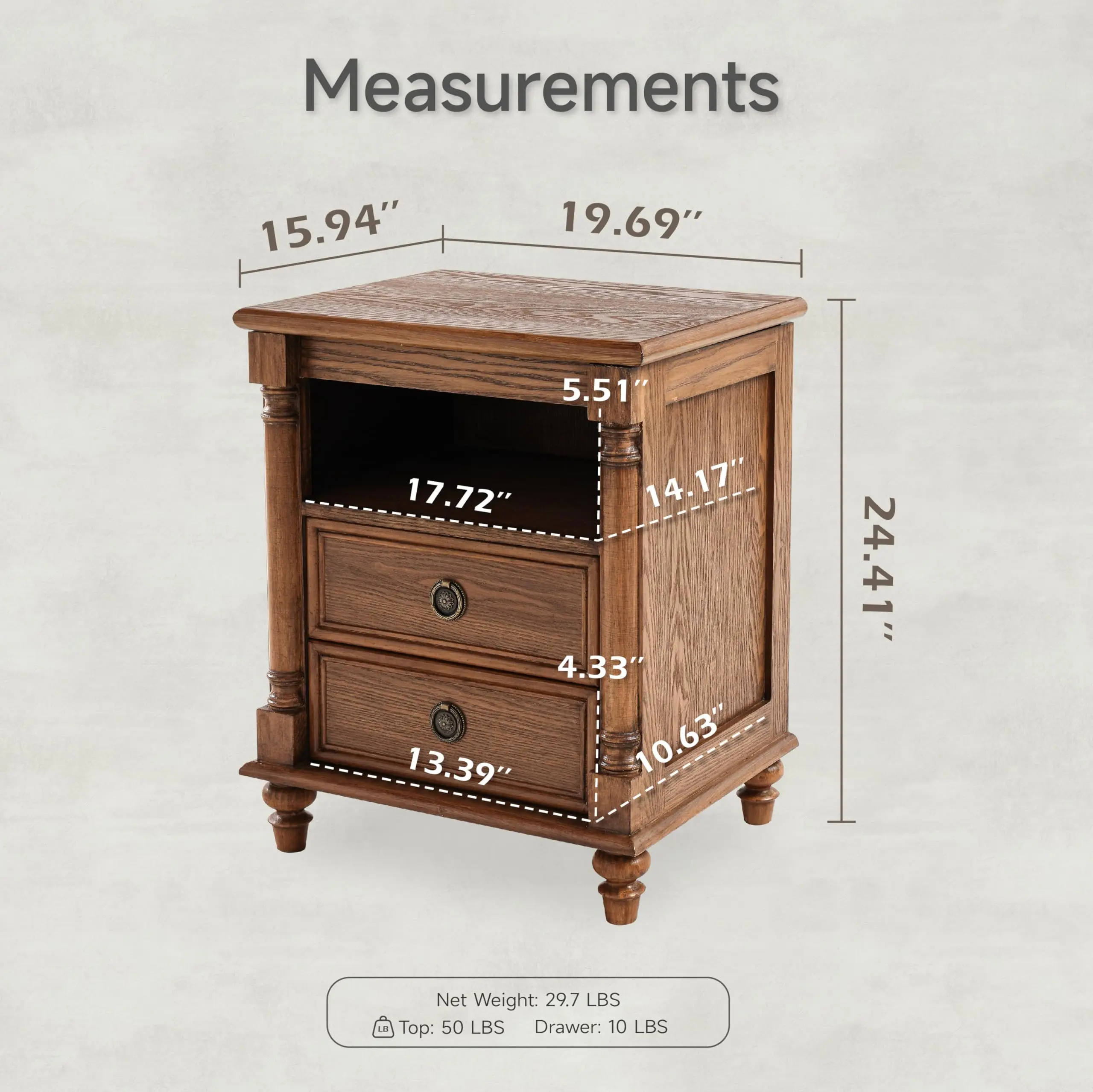 Wood Nightstand with Sliding Top & Hidden Storage, 2 Drawer Bedside Table with Open Shelf, Rustic Farmhouse End Table