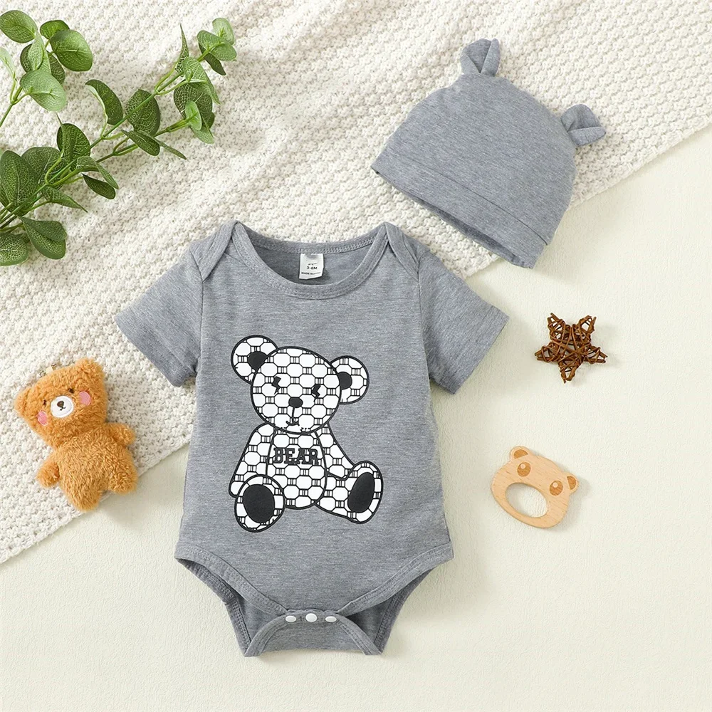 2PCS Newborn Baby Boy Romper Little Bear Print Summer Short Sleeve Bodysuit Leisure Time Jumpsuit+Hat for Infant Boy 0-9 Months