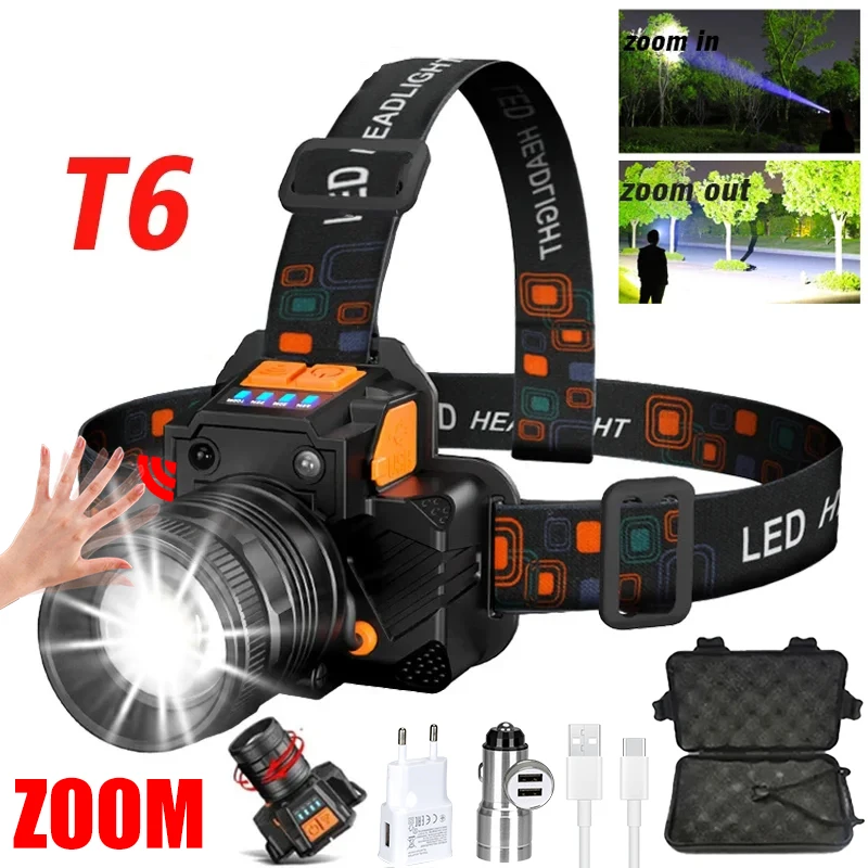 High Power 50W LED Induction Headlamp Rotating Zoom With Built-in Battery USB Rechargeable Head Flashlight For Camping Fishing