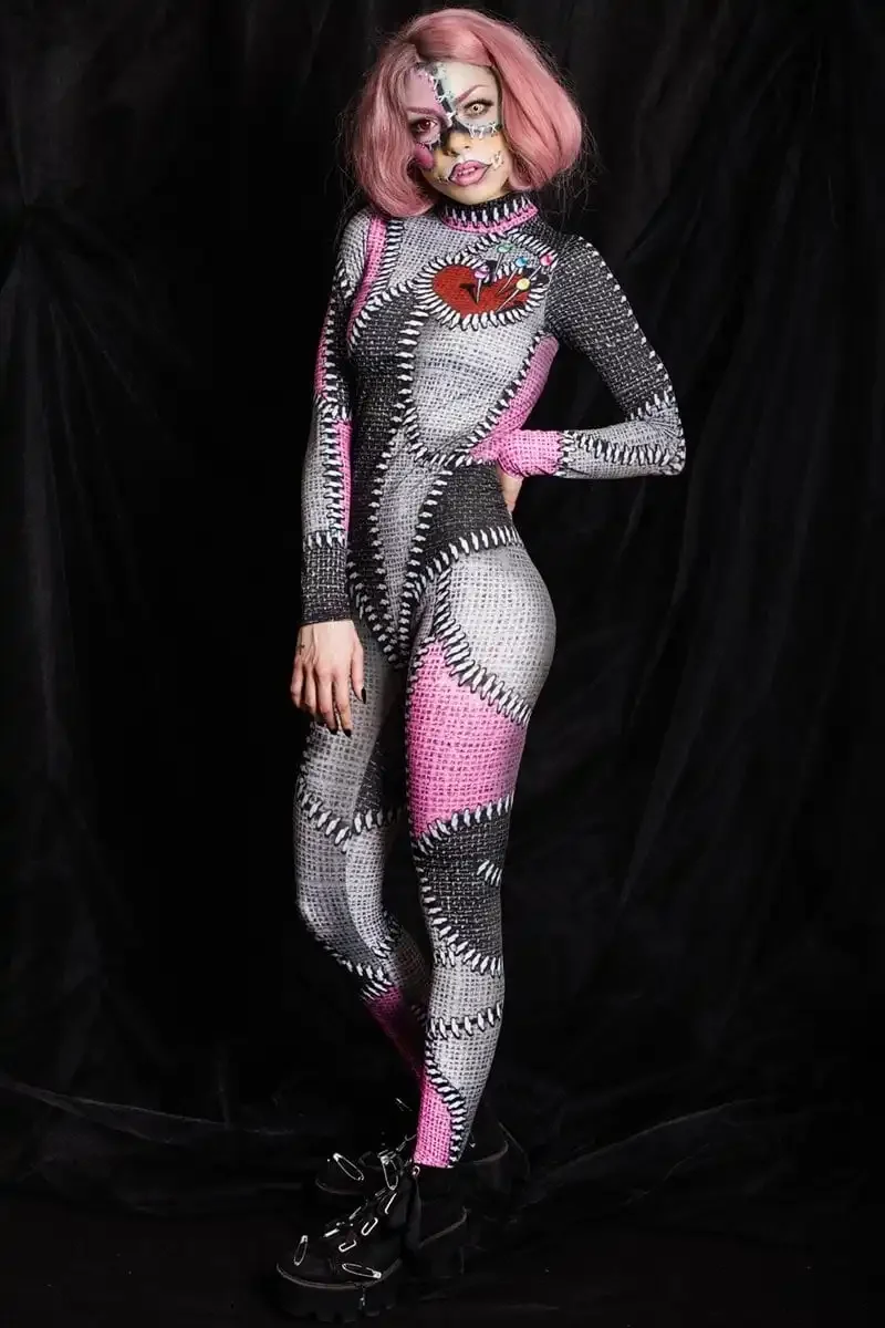 

Halloween Cosplay Costume For Women Sexy Slim Jumpsuit Clown Patchwork Catsuit Carnival Zentai Suits Fancy Dress