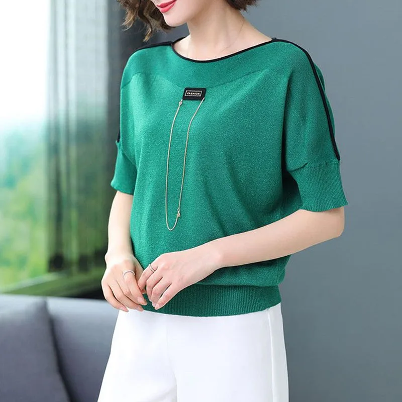 Simplicity Commute Short Sleeve Solid Color T-shirt Women's Clothing Summer Loose Chic Chain Spliced Casual Thin Tops Female
