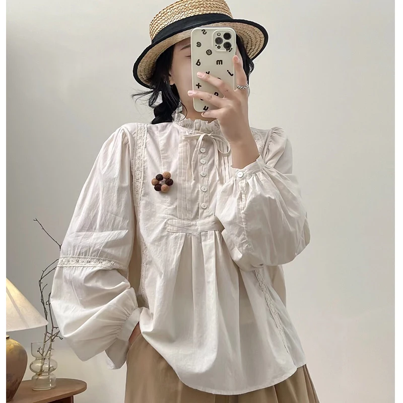 

New Spring Autumn Lace Stand-up Collar Cotton And Linen Pullover Tops Women Clothing Long-sleeved Female Loose Blouses U040