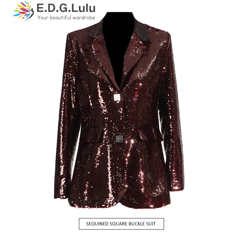 

EDGLuLu корейский модный пиджак с отложным воротником и длинными рукавами, женский пиджак с квадратной пряжкой, тонкий роскошный красный пиджак с блестками 0813
