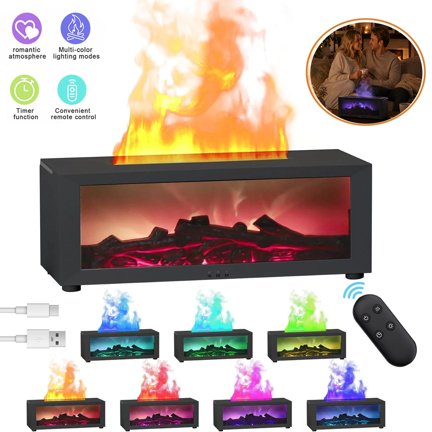 Diffusore di oli essenziali 4 in 1, macchina per aromaterapia, umidificatore con effetto fiamma da camino da 150 ml, dotato di 7 luci colorate, timer, spegnimento automatico, telecomando, diffusore di