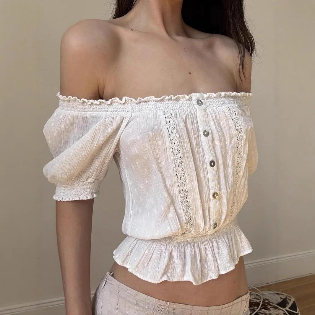 

Pure Lust Babes Style Two Wear A Straight Shoulder, Waist Cinched Woven Top, Lace Stitching, Girly French Puff Sleeve T-shirt