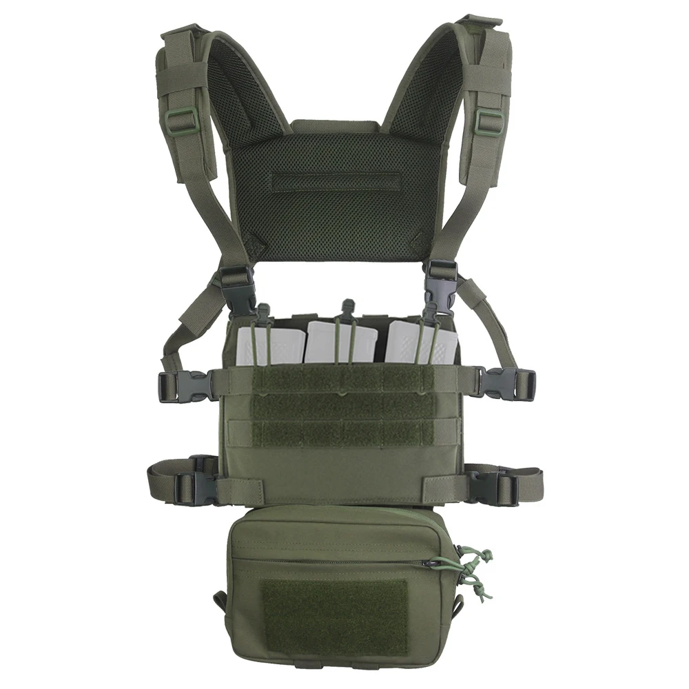 

MOLLE R-Series Assault Chest Rig – 6x 5.56 Mag Pouches Integrated with Hanging Drop Bag, Crye Style for Airsoft and Hunting Use