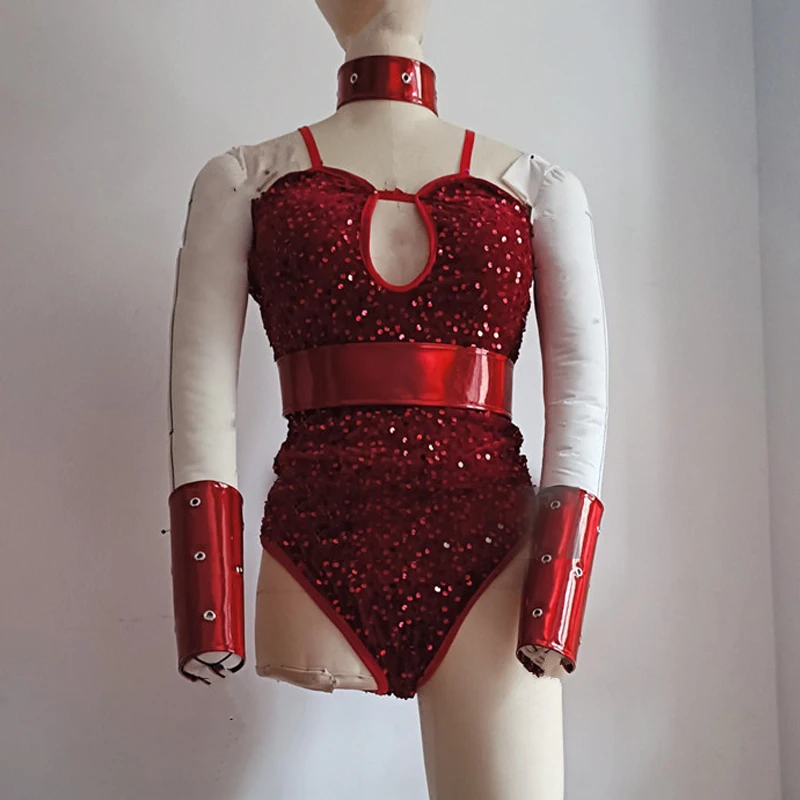 

Женский костюм для танцев на пилоне, красный боди с пайетками для джазовых танцев, для бара, ночного клуба, диджеев, гоу-гоу танцовщиц, сценический костюм для рейва XS10275