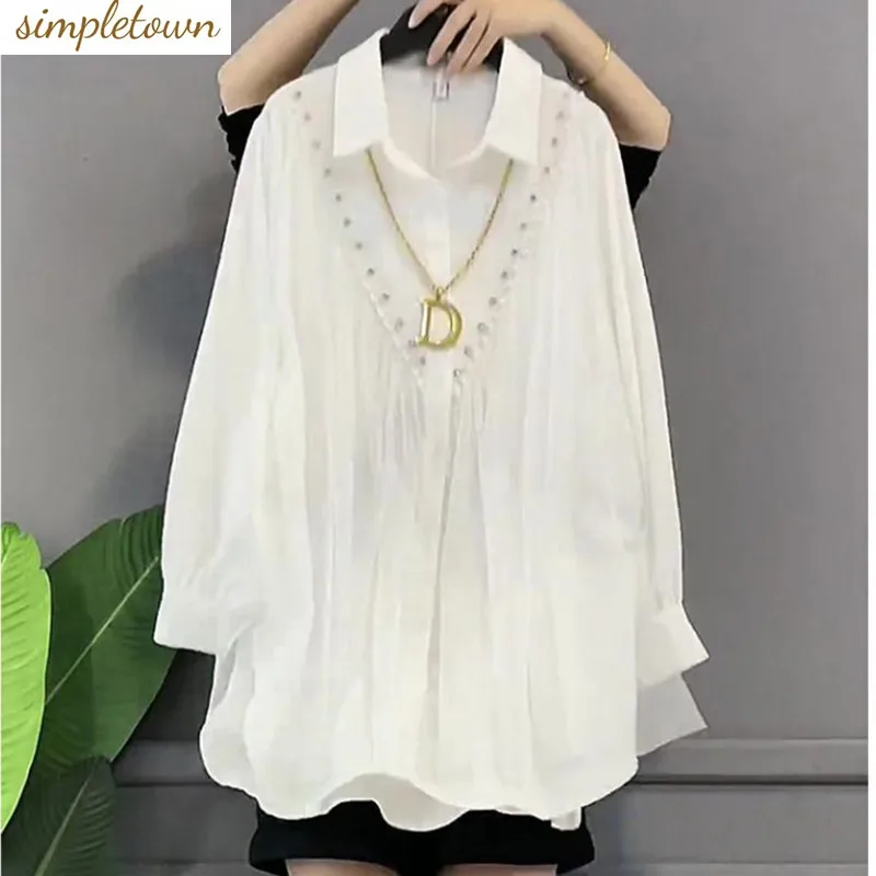 

Fat MM2024 Spring/Summer Korean Edition New Large Women's Fashion Beaded Loose Casual Commuter Shirt