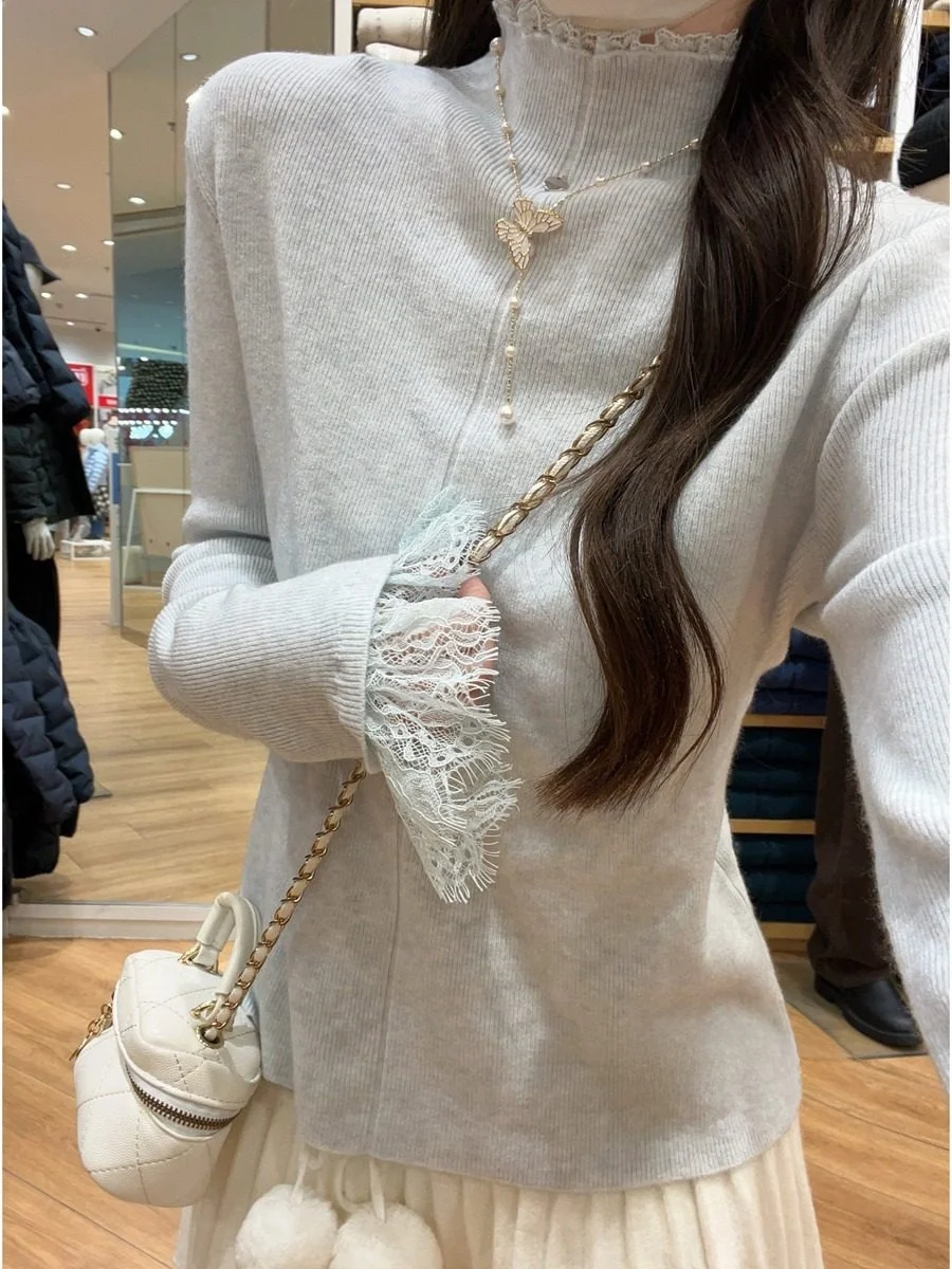 

2025 Winter New Korean Sle Women's Knitted Lace f High Collar Sweater Andy Fce Base Layer irt Soft Gentle Design