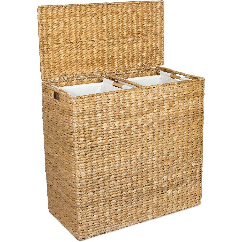 Oversized Dual Hampers with Lid - Handwoven Natural Seagrass Fiber Compartment Laundry Hamper w/Dual Removable Liners Bag