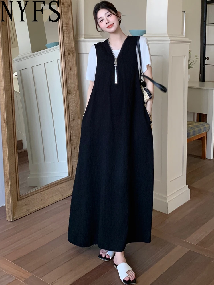 NYFS ชุดสตรีฤดูร้อนหลวมพลัสขนาดแขนสั้น 2 ชิ้นชุดวันหยุด T เสื้อ + ชุดสีดํา Robe Ete femme Elbise 2025 ใหม่