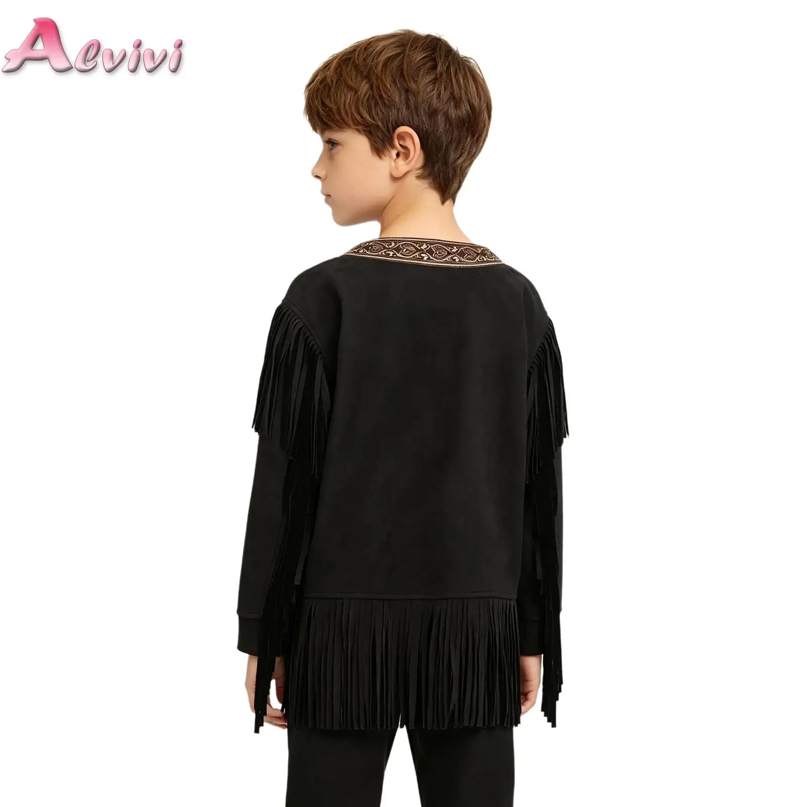 

Native American Boy Costume Top Unique Delicate Embroidery Long Sleeve Fringed Pullover Top for Theme Party Stage Performance