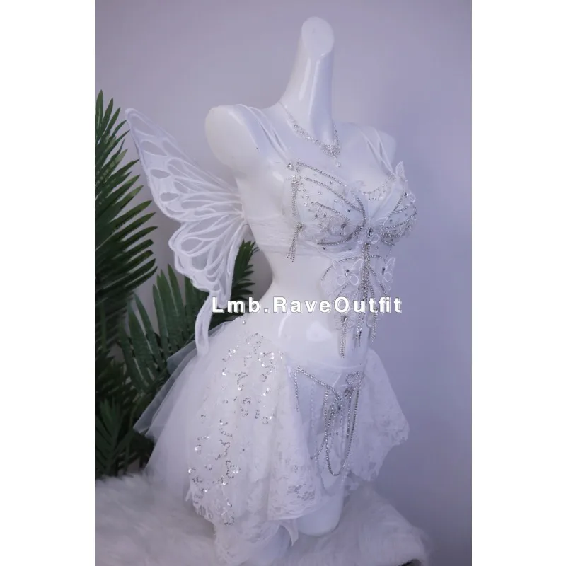 تخصيص أجنحة بيضاء مقطع كهربائي ترتد دي فاخر تألق الماس توتو تنورة مجموعة شريط مرحلة الأداء زي حمالات الصدر #2