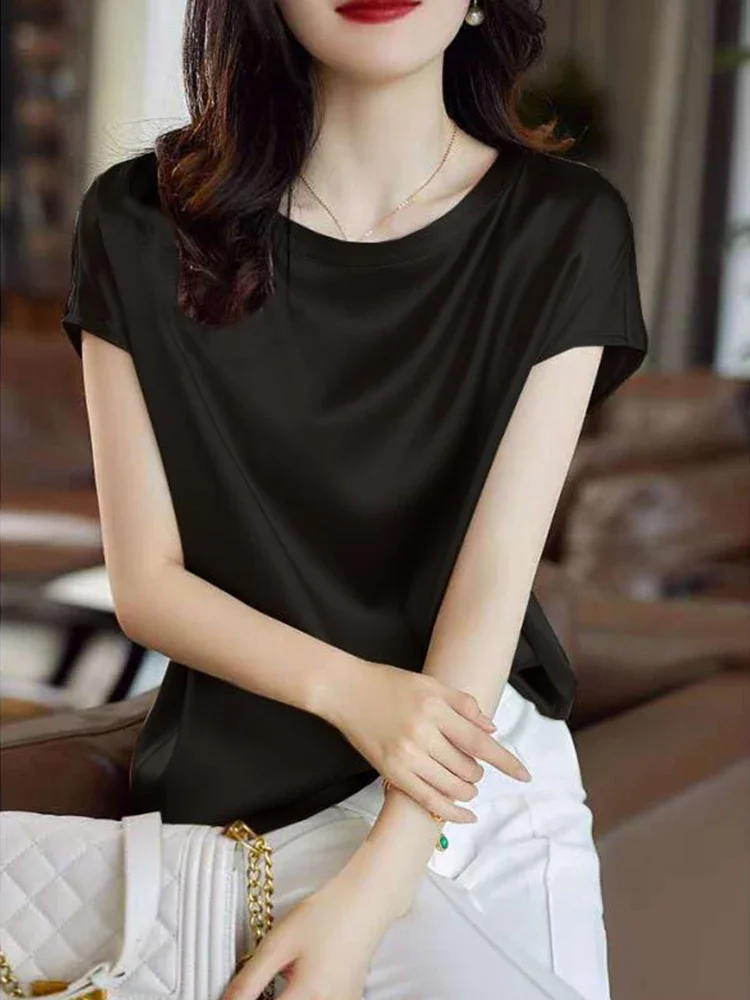 Silk Thin Short Sleeve Tees Korean Style Slip Woman Summer Clothes Elegant Black Brown Tops Solid Loose Casual 4XL