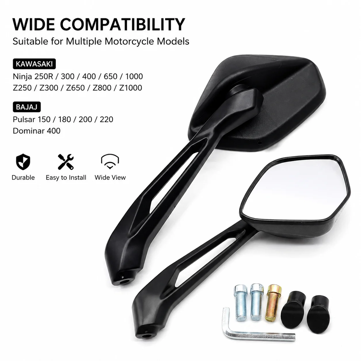 Universal Sport Bike Rearview Mirror Hollow Cut-out Aluminum Stem Anti-vibration Flat Mirror Compatible Kawasaki Dominar 400 Baj
