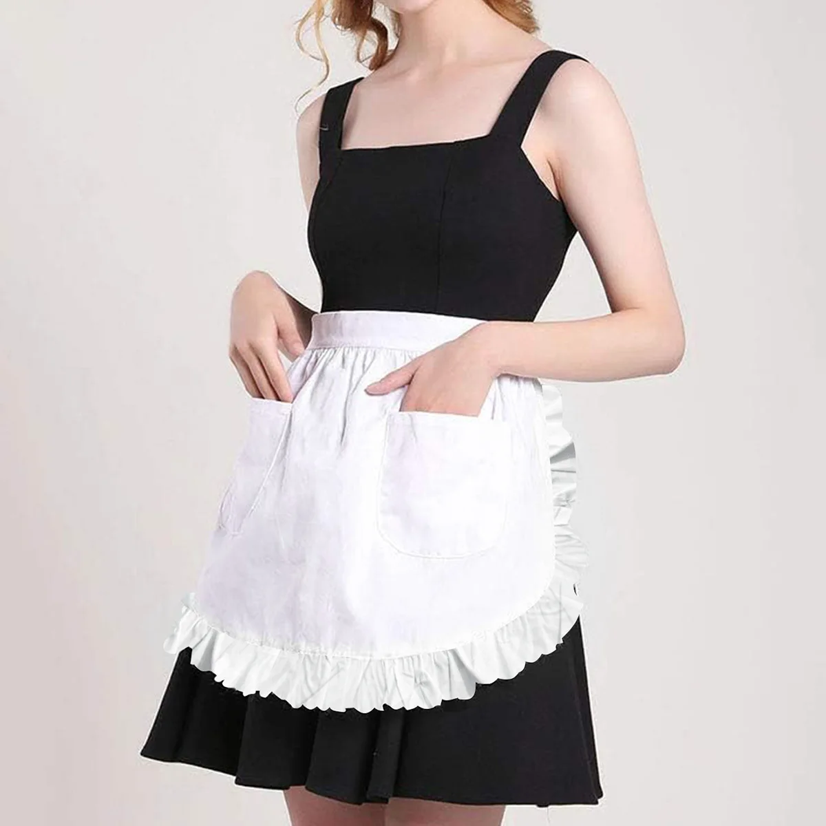 

Elegant Maid Apron Half Body Design Pure White with Ruffled Edges Double Pockets European Style Customizable Logo