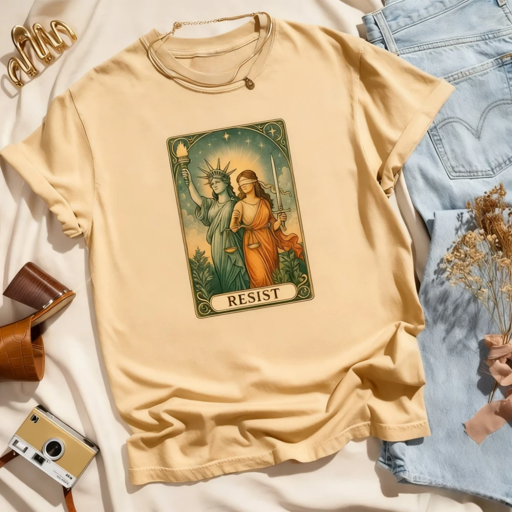 Resist Tarot T-Shirt Lady Justice and Liberty Graphic Tee Political Protest Shirt Women Daily Life Fashion Streetwear Cotton Top