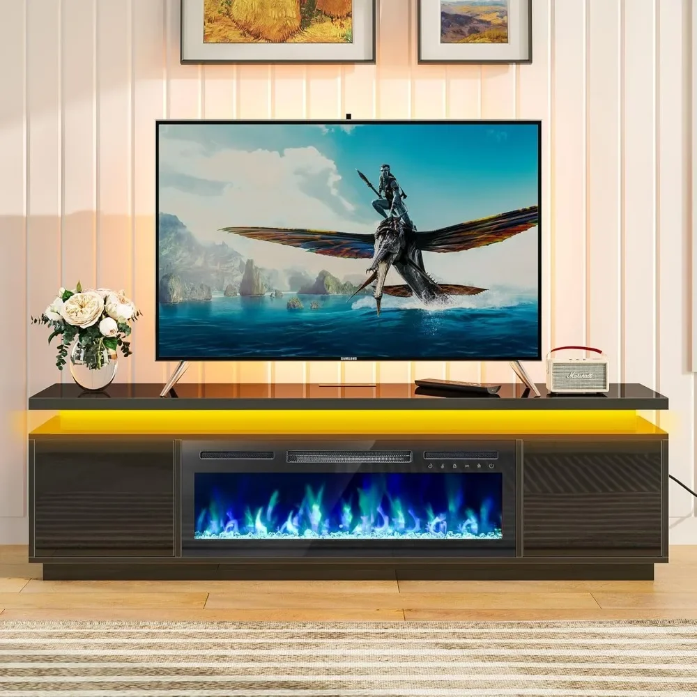 Fireplace TV Stand with Led Lights and Power Outlets, TV Stand Mount with Electric Fireplace, Black Entertainment Center