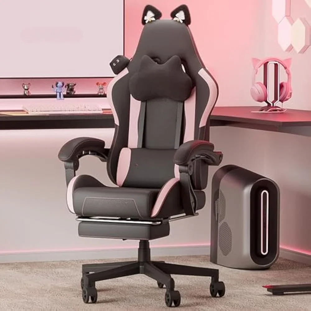 Silla para juegos bonita con orejas de gato y soporte lumbar para masaje, 290 libras, silla ergonómica para ordenador para niña con reposapiés y reposacabezas
