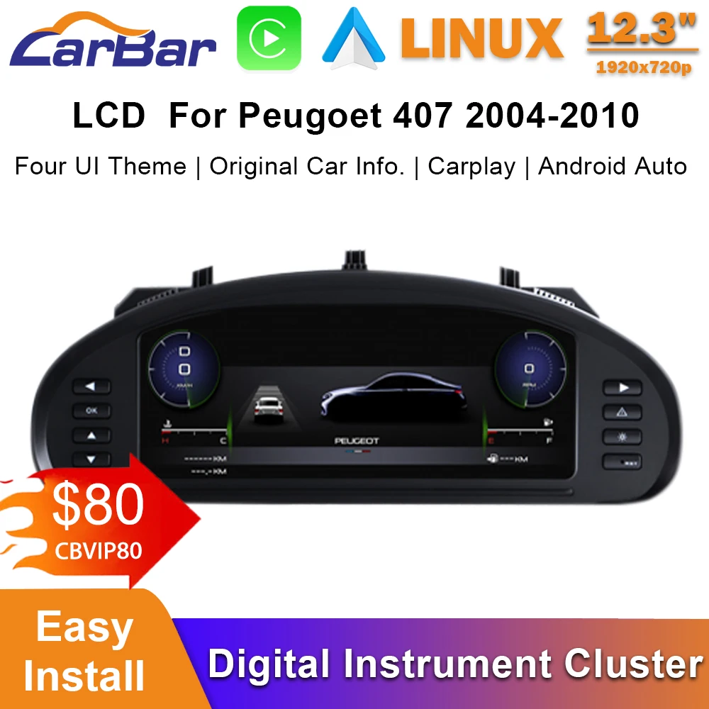 

Carbar 12.3" LCD Dashboard Screen LCD For Peugoet 407 2004-2010 Car Digital Instrument Cluster Speedometer
