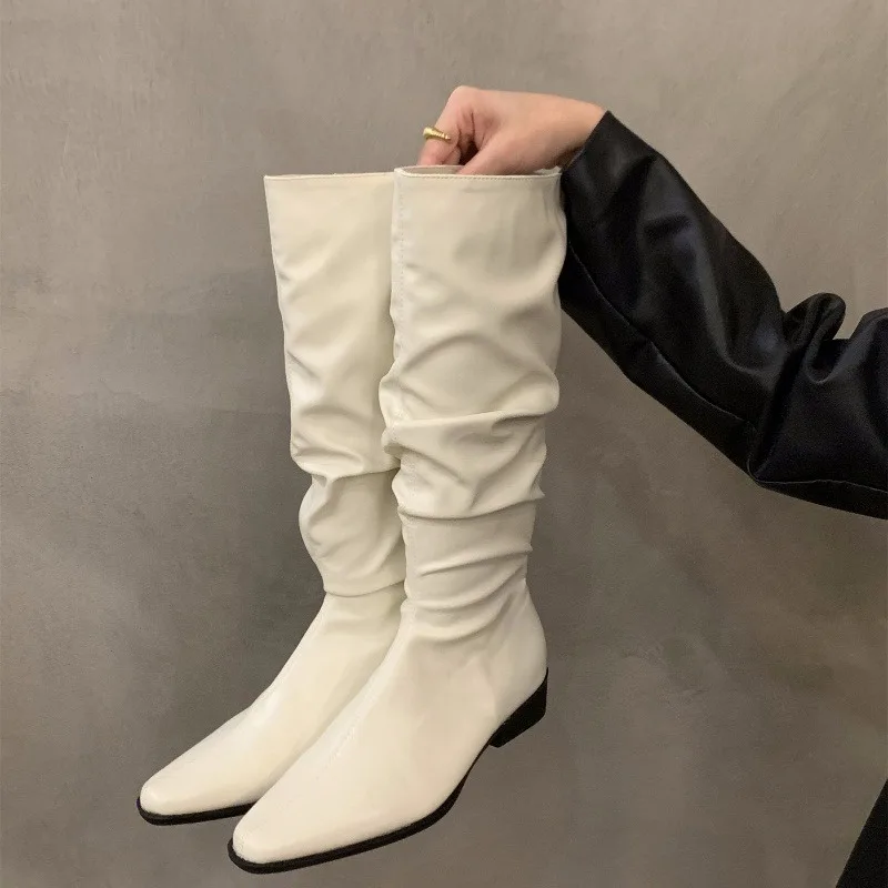 

Women's Knee High Boots Sexy Pointed Toe Stiletto Heel Leather Boots Pleated Stack Long Tube Boots Slim Knight Boot Botas Mujer