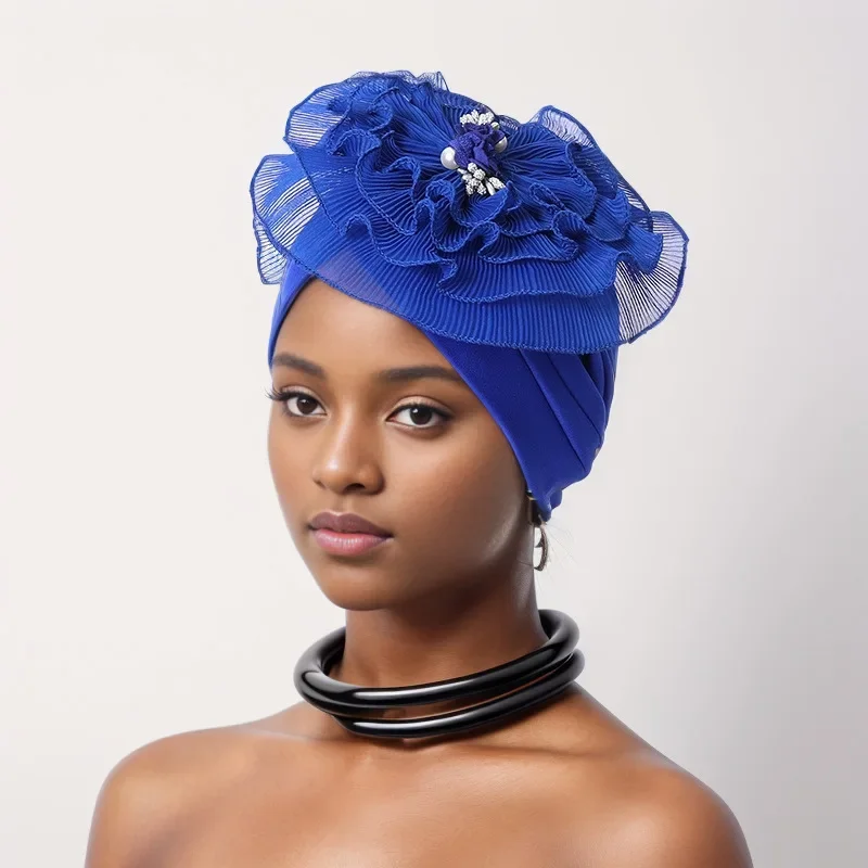 

Тюрбан с большим цветком для женщин, африканский головной убор Auto Gele Aso Oke, платок для свадебной вечеринки, шляпа, мусульманский хиджаб, капот, нигерийский головной убор