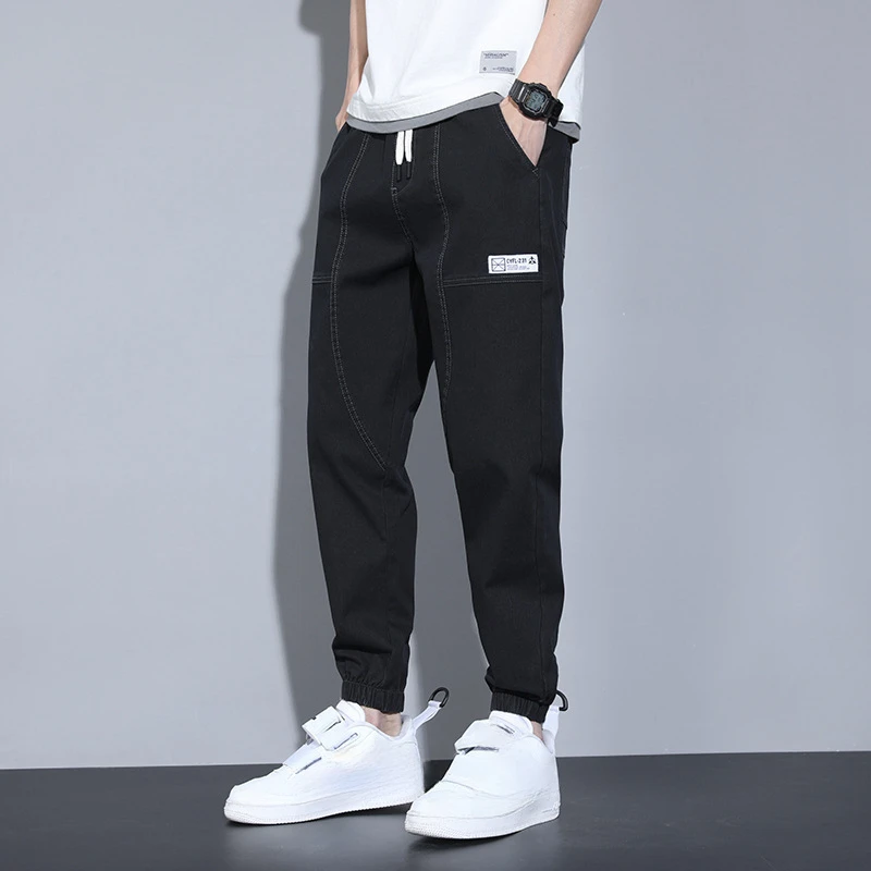 QICHE Men Elastic Waist Label Jogger Jeans Plus Size Loose Casual Denim Long Pants Autumn Winter Daily Wear